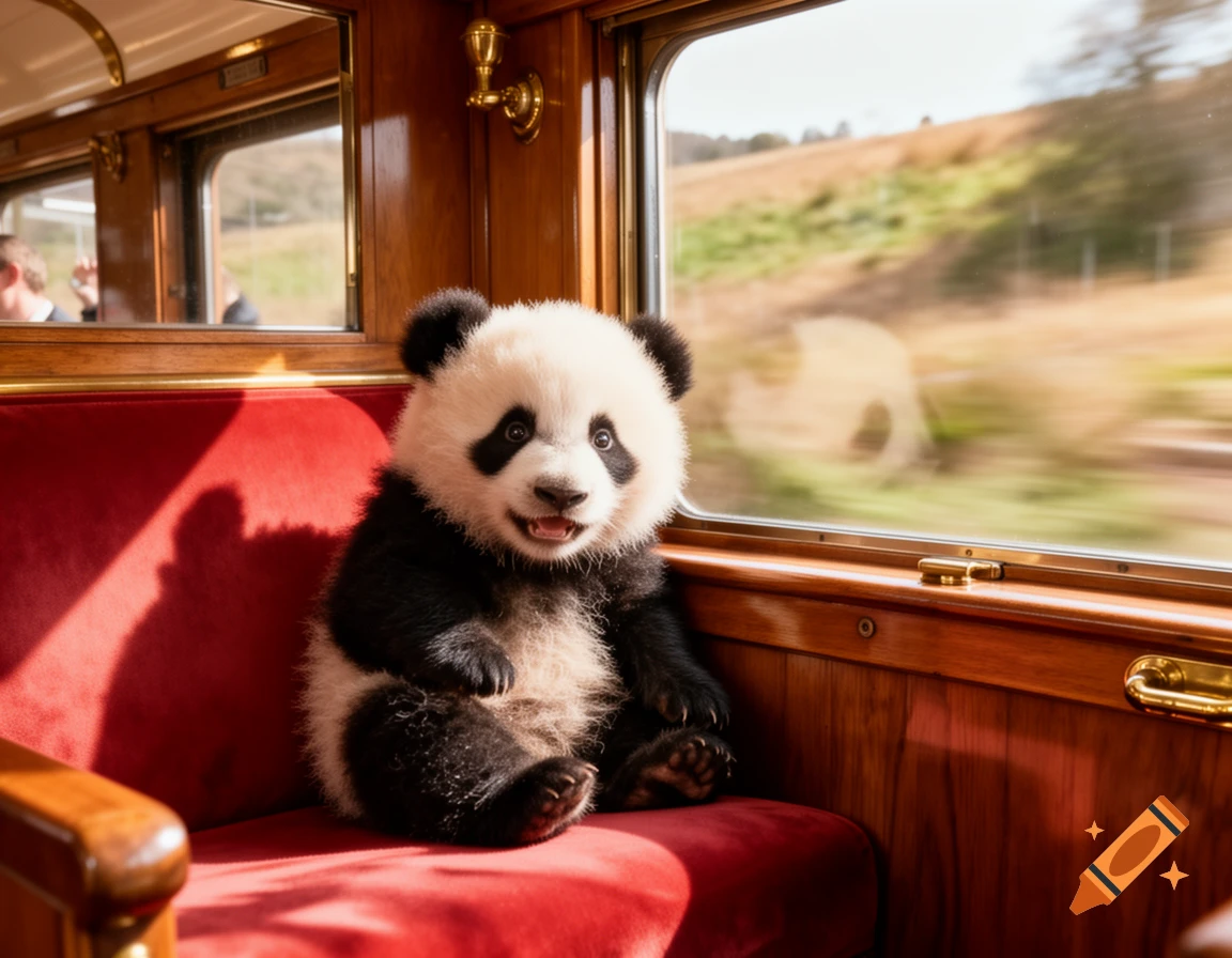 A fluffy baby panda sits on a red velvet seat inside a moving train, looking out the window with motion blur.
