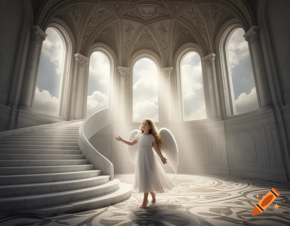 A young girl with blonde hair and angel wings stands in a grand, light-filled marble hall with a sweeping staircase.
