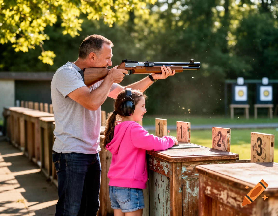 Father and daughter at an outdoor air rifle shooting range, the man aiming a rifle while the girl watches in earmuffs.