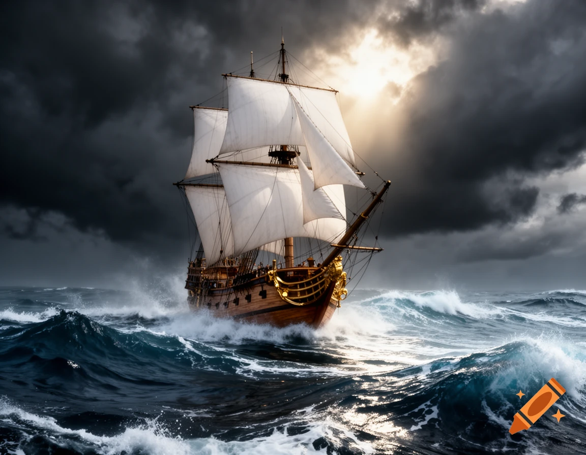 A large sailing ship on rough dark blue seas under a dramatic, stormy sky with sunlight breaking through.