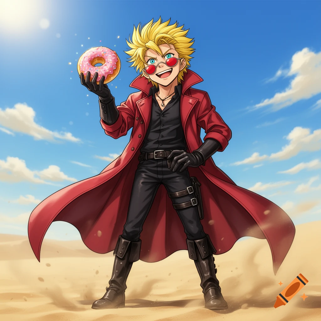 Anime character Vash the Stampede smiles while holding a pink donut with sprinkles in a desert under a sunny blue sky.