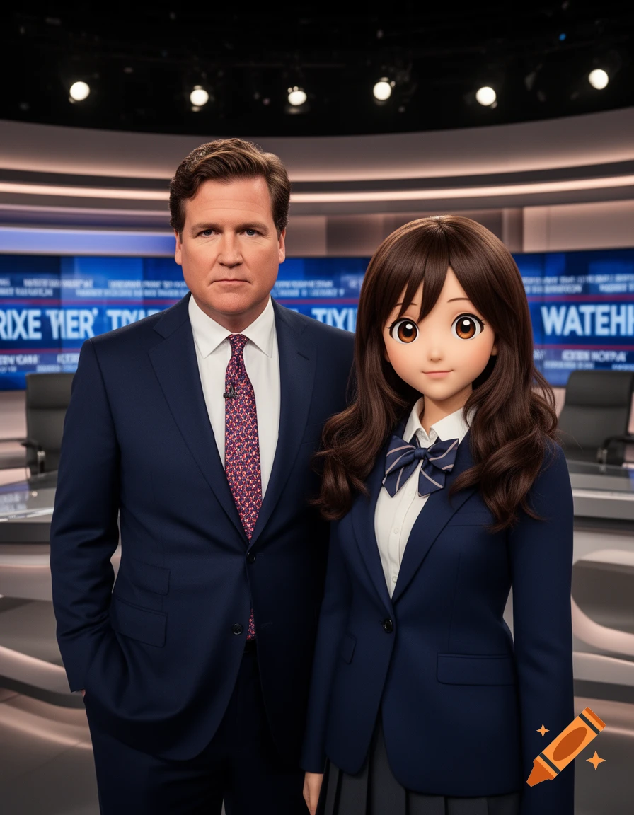 A serious-looking man in a suit stands next to an anime-style girl in a school uniform, both in a news studio setting.