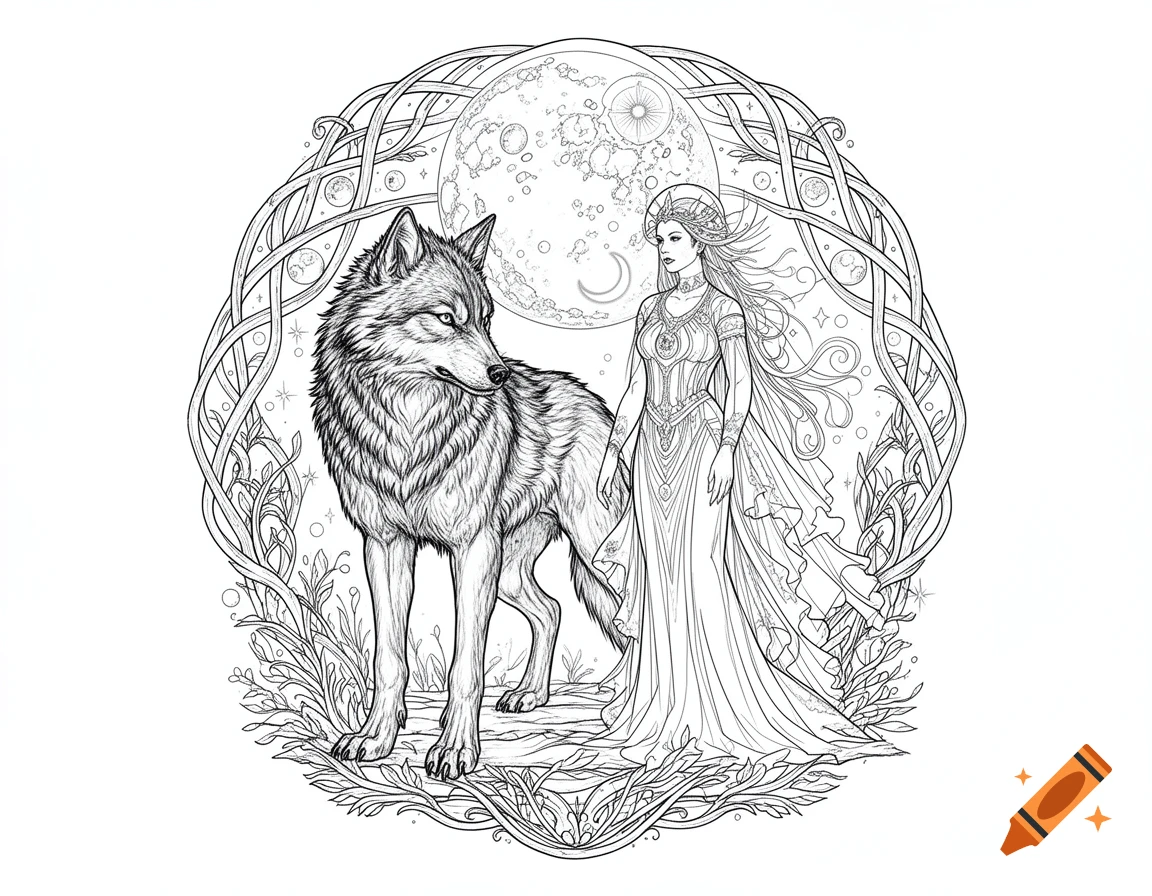 Black and white line art of a goddess-like woman and a wolf, framed by Celtic knots and a moon, suitable for coloring.