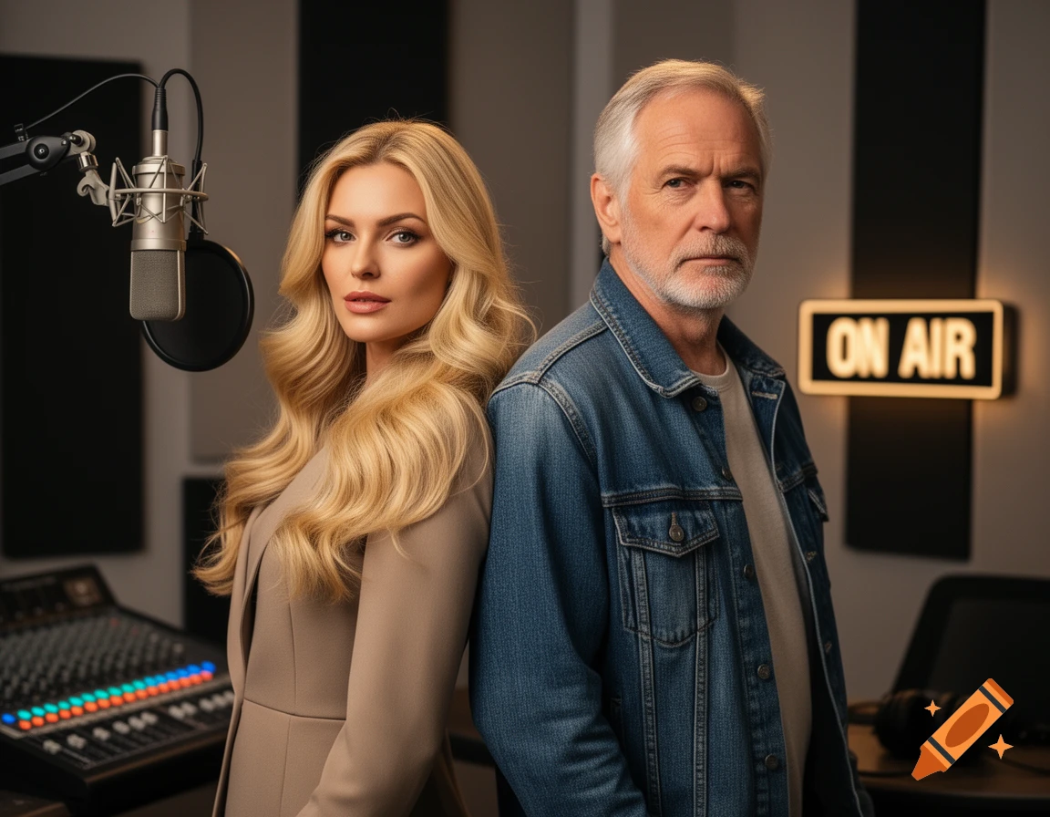 Photorealistic portrait of a blonde woman and an older man standing back-to-back in a recording studio, with a microphone and 'ON AIR' sign.