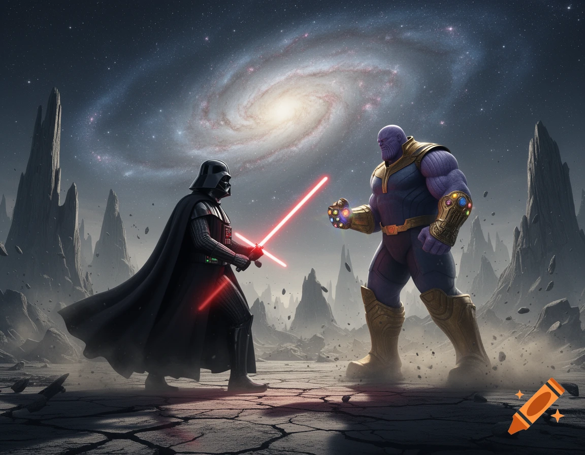 Darth Vader and Thanos face off on a cracked alien landscape under a swirling galaxy. Vader wields a red lightsaber, Thanos wears the Infinity Gauntlet.