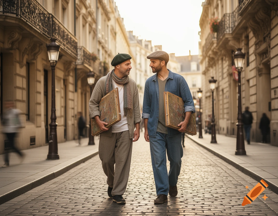 Two male artists in berets walk down a cobblestone street, each carrying a canvas, with Parisian buildings in the background.