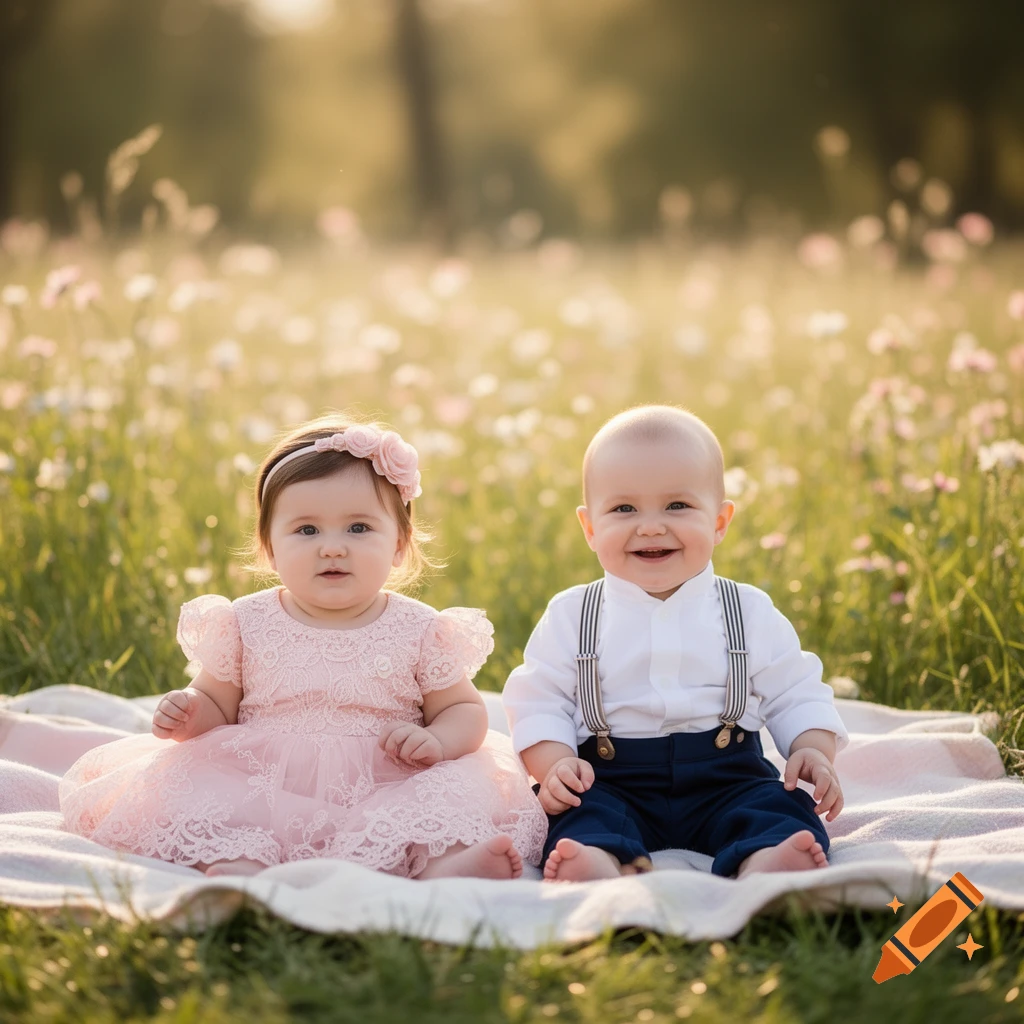 A baby girl in a pink dress and a baby boy in suspenders sit on a blanket in a sunlit field of flowers.