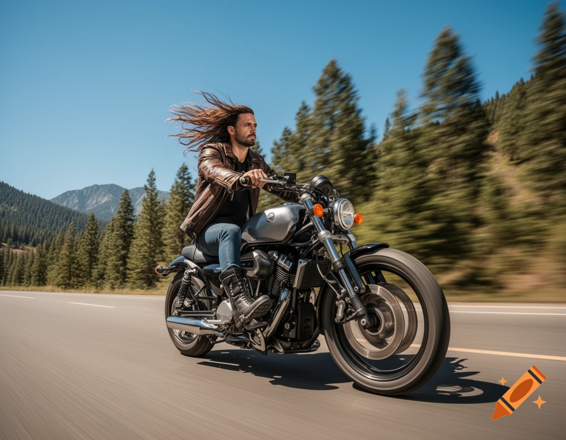 A man with long hair flowing back rides a motorcycle rapidly on a mountain road with pine trees under a clear blue sky.