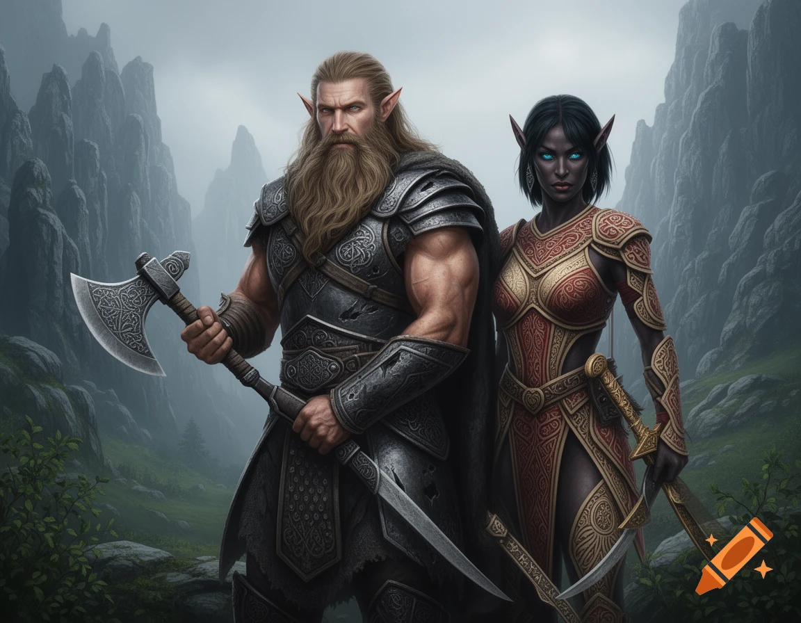 A male Altmer with a beard and Nord armor holding an axe stands next to a female Dunmer in Redguard armor wielding a scimitar, in a misty mountain valley.