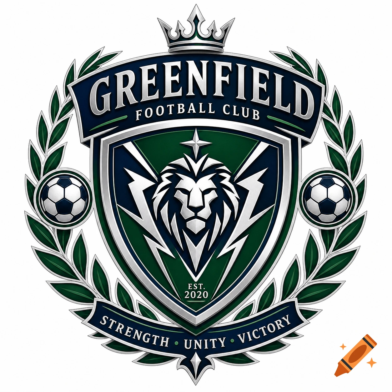 A detailed green and blue football club logo with a lion, crown, soccer balls, and text 'Greenfield Football Club' and 'Strength Unity Victory'.