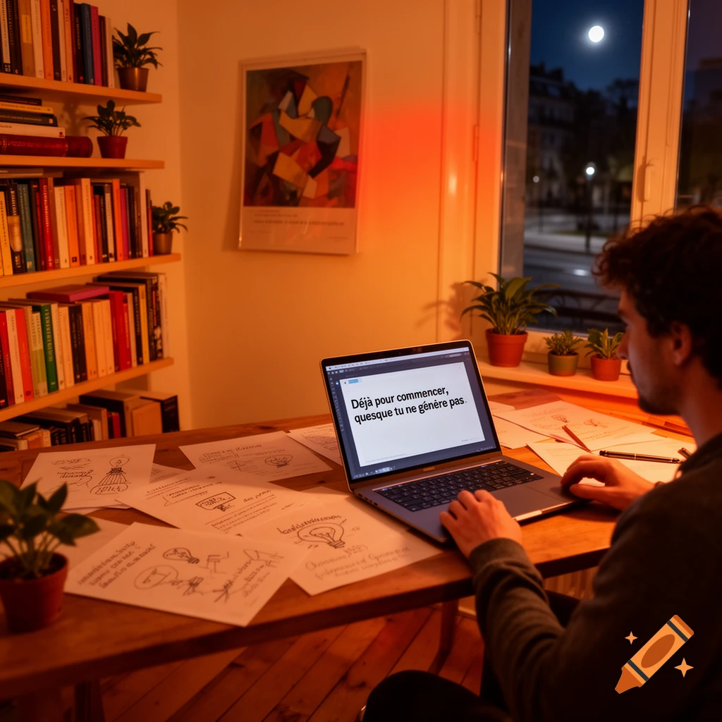 A man works on a laptop at a wooden desk filled with papers, next to a bookshelf and a window view of a city street at night with a full moon.
