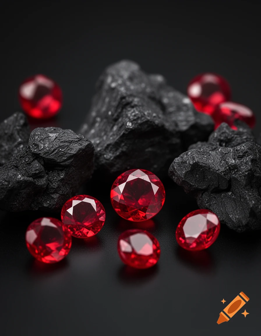 Red ruby gemstones scattered among dark lumps of coal on a black background.