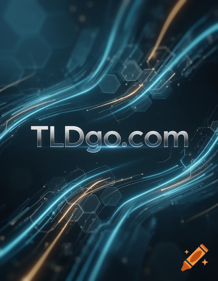 Metallic 'TLDgo.com' text on a dark, futuristic background with glowing blue and orange data streams and hexagonal patterns.