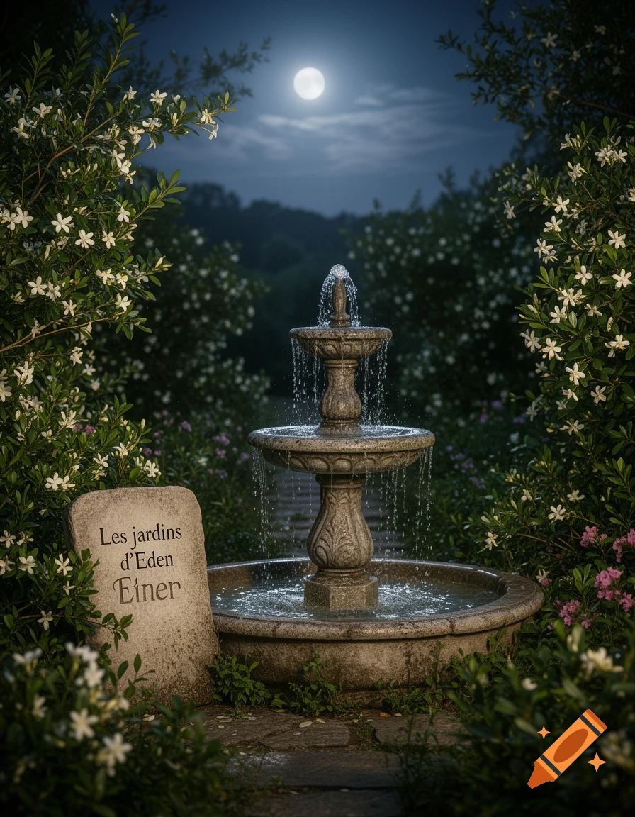 A moonlit garden scene with a tiered stone fountain in the center. White flowering bushes frame the foreground, and a stone tablet on the left reads "Les jardins d'Eden Einer." A full moon shines in the dark blue sky above hills.