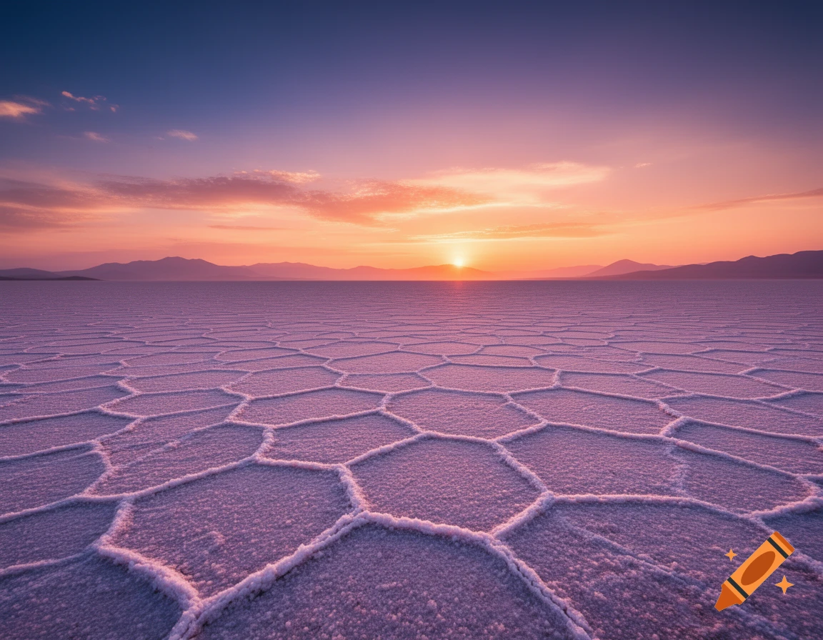 Photorealistic image of a vast salt flat with hexagonal patterns under a vibrant purple, pink, and orange sunset sky over mountains.