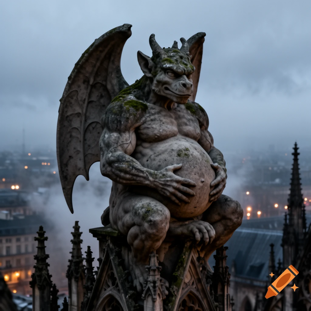 A muscular, moss-covered gargoyle statue with a large belly, perched on a gothic building overlooking a foggy city at dusk.