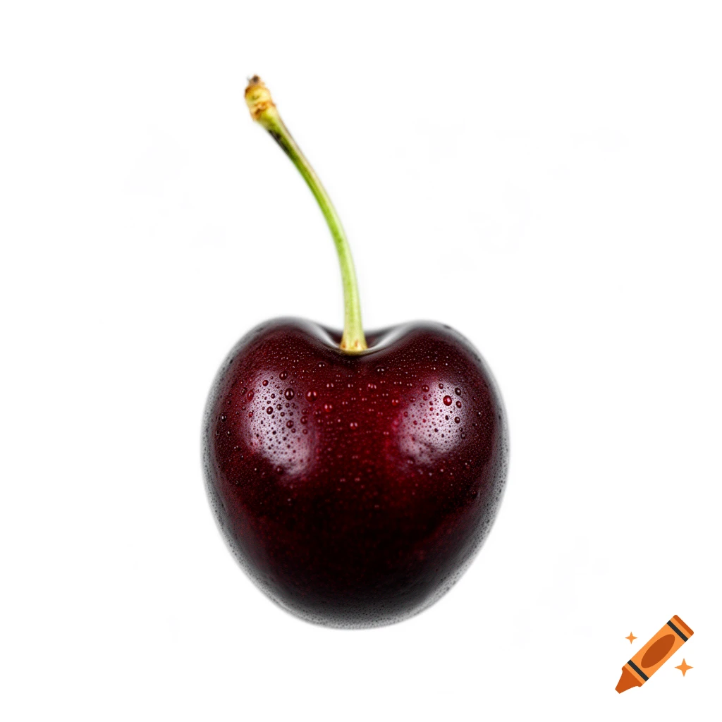 A single dark red cherry with water droplets and a green stem on a clean white background.