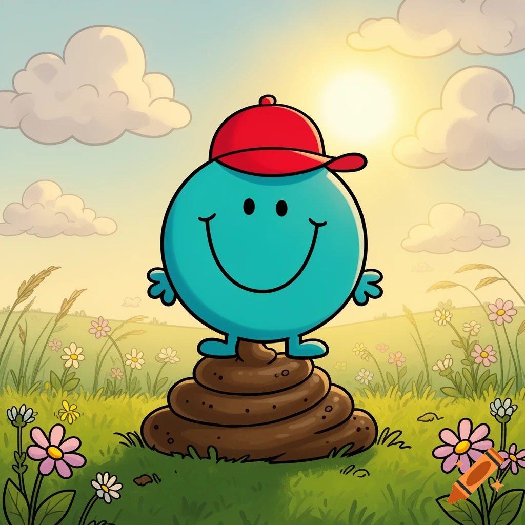 A cheerful blue cartoon character with a red hat stands atop a pile of poop in a sunny, grassy field with flowers and clouds.