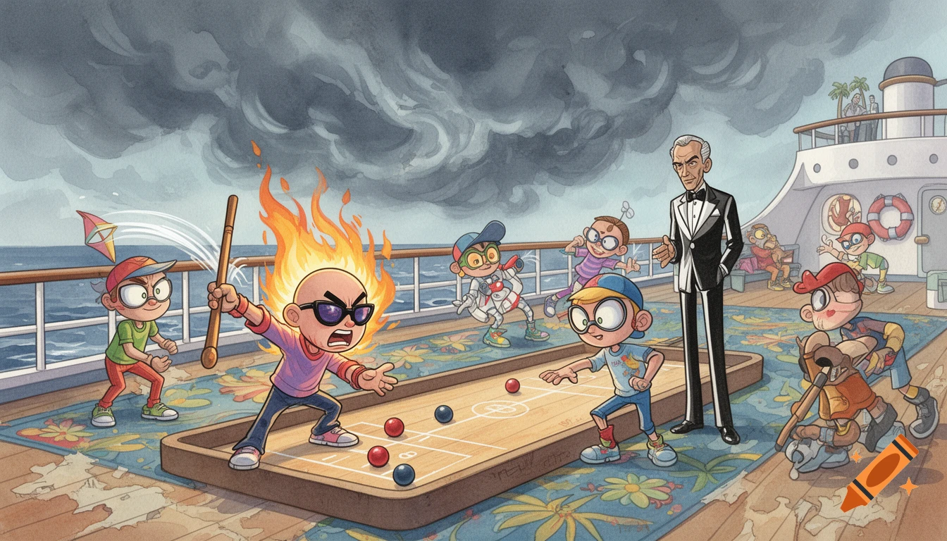 Cartoon kids playing shuffleboard on a cruise ship with a man in a tuxedo under stormy skies, one kid on fire and another throwing a stick in frustration, watercolor style.