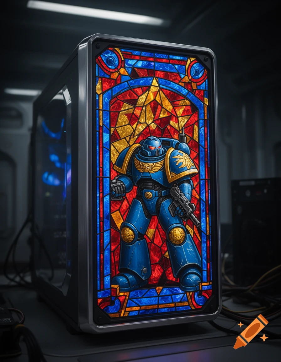 A custom PC case with a vibrant stained glass panel featuring a blue and gold Warhammer 40,000 Space Marine holding a gun.