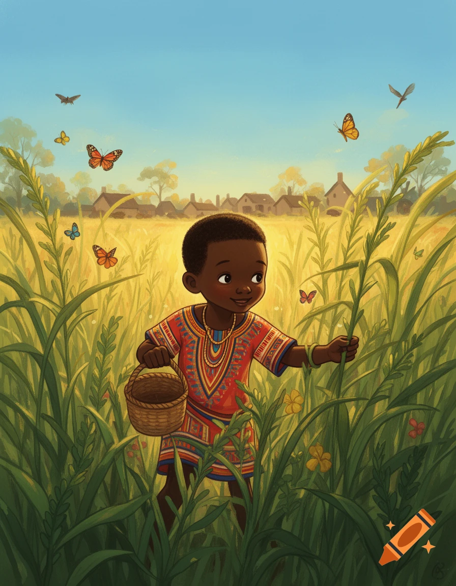 A smiling young Black boy in a colorful patterned shirt walks through tall green grass, holding a basket, with butterflies.
