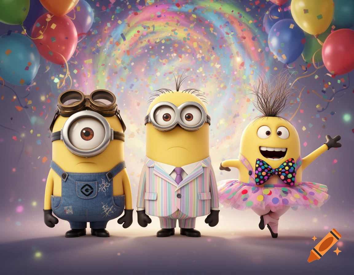 Three cartoon Minions, one in overalls, one in a striped suit, and one in a colorful tutu, celebrate in a festive scene with confetti and balloons.