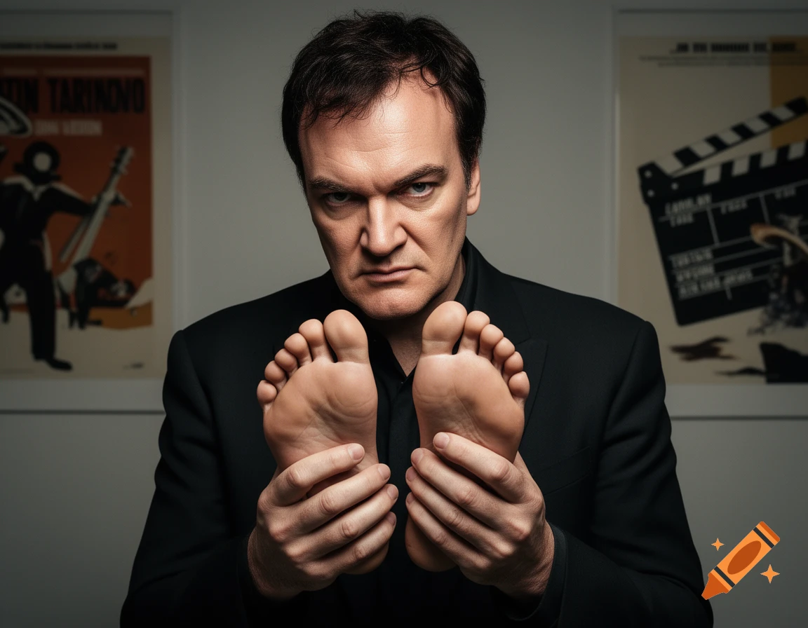 Quentin Tarantino holds his bare feet, looking intently at the camera, with film posters in the background.