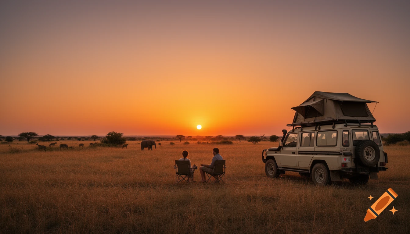 A couple watches a vibrant sunset over a savanna with elephants, antelopes, and an off-road camper with a roof tent.