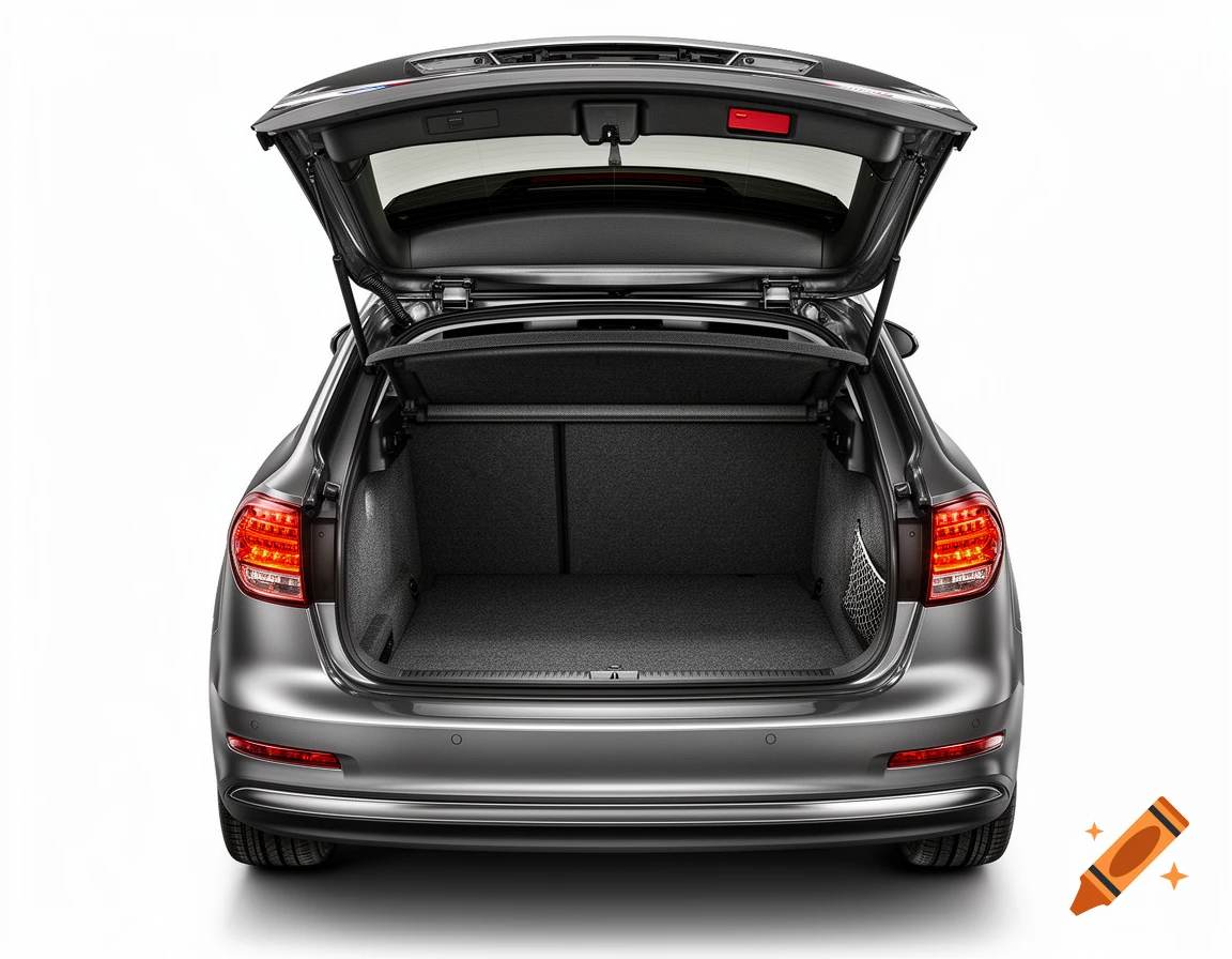 Photorealistic rear view of a grey car with its trunk open, isolated on a white background.