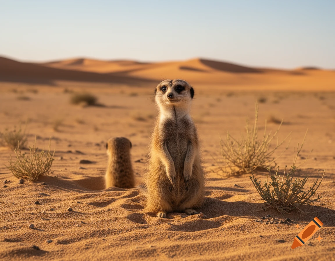 A meerkat stands upright in a sandy desert with another meerkat partially visible in a burrow behind it. Dunes are in the background.