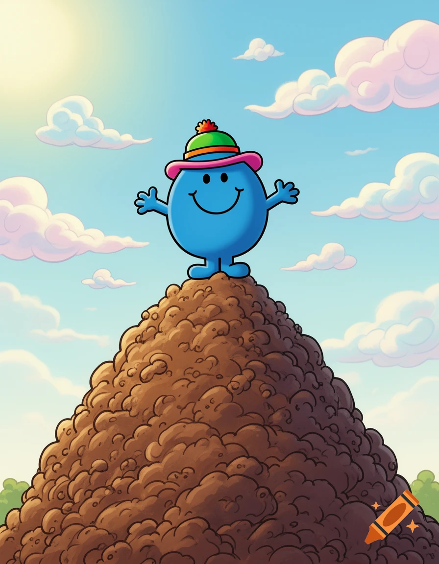 Mr. Daydream, a blue cartoon character in a hat, stands on a large brown pile under a blue sky with clouds.