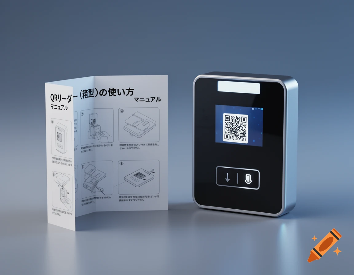 A close-up shot of a silver and black QR code reader with a screen displaying a QR code, placed next to an open instruction manual with Japanese text.