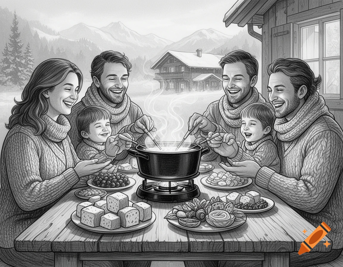 A black and white drawing of a happy family eating fondue outdoors in a snowy mountain landscape with a chalet.