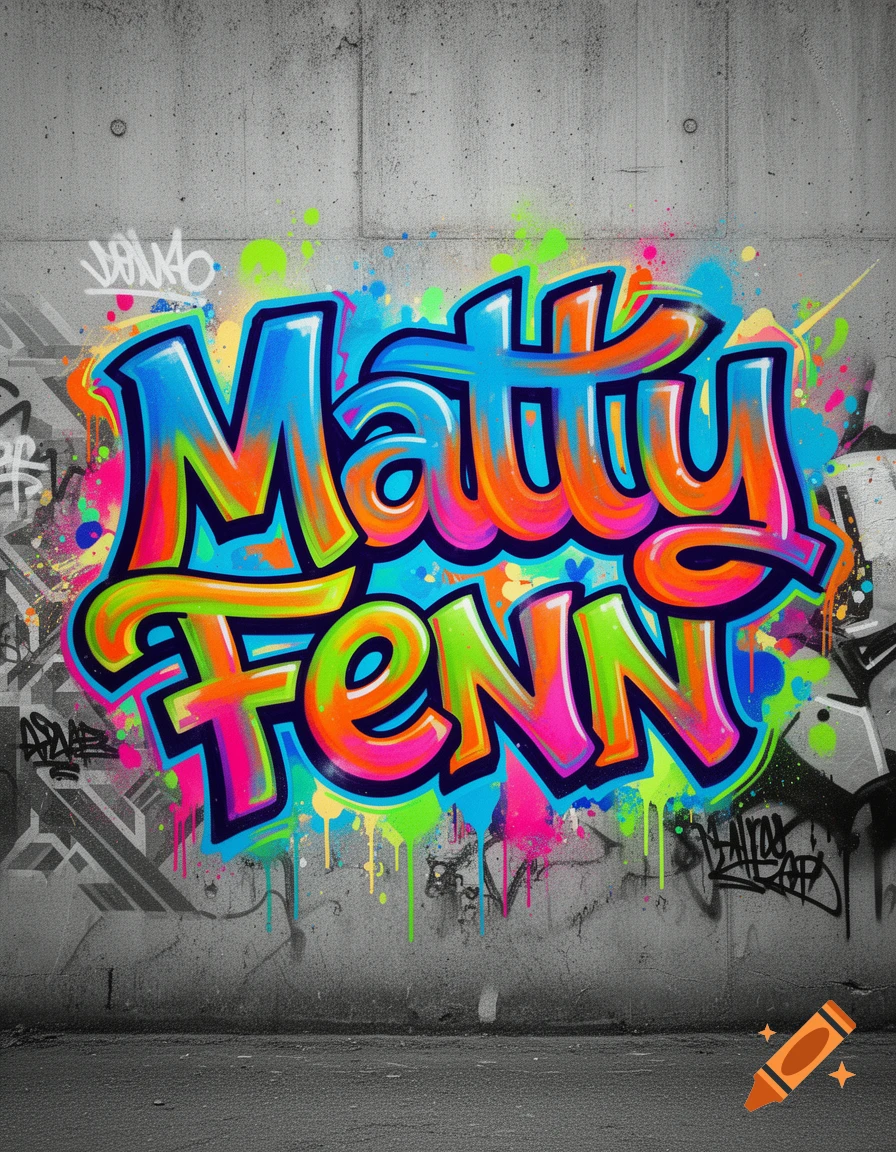 Colorful graffiti spelling "Matty Fenn" on a textured concrete wall, surrounded by vibrant paint splatters and black tags.
