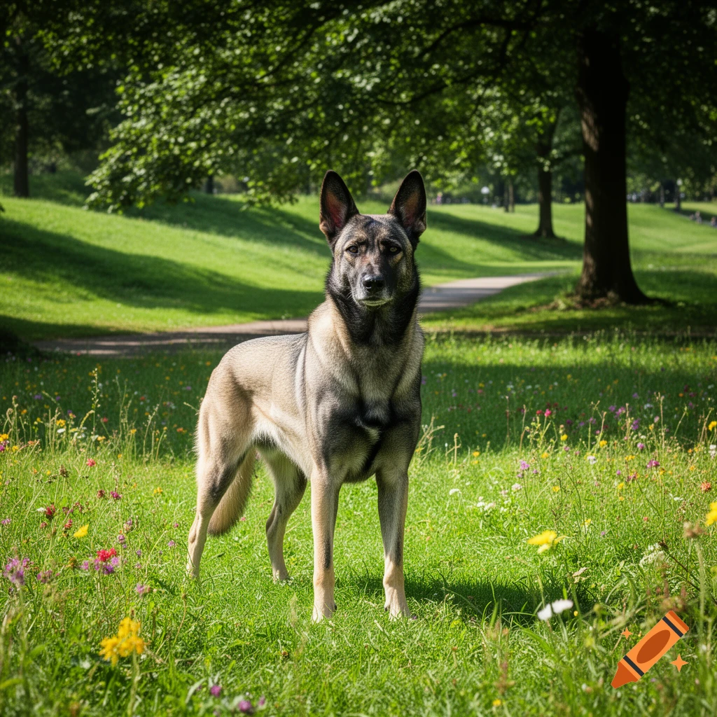 A photorealistic depiction of a tan and black dog standing in a sunlit grassy park with wildflowers and trees.