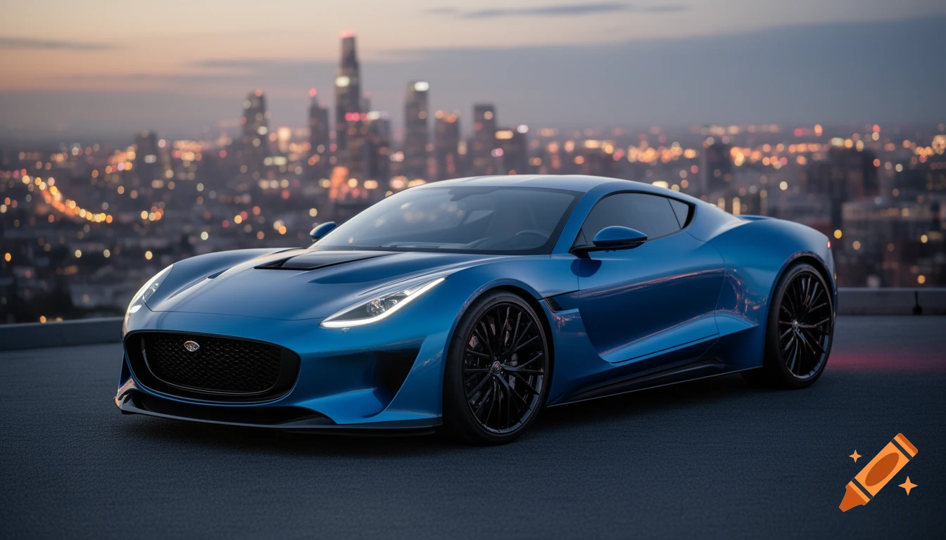 Sleek blue sports car parked on a dark surface, with a blurred, illuminated city skyline at dusk in the background, photorealistic.