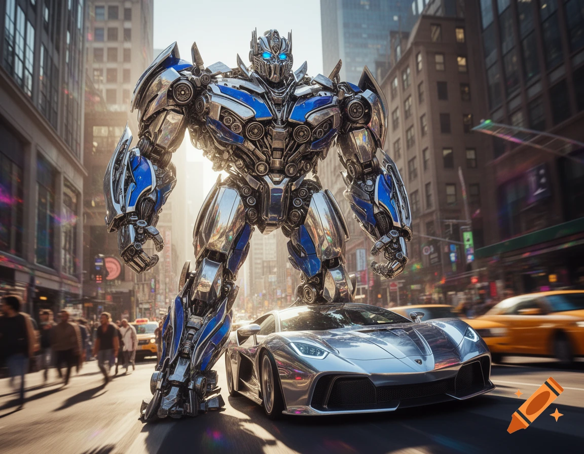 A towering silver and blue robot stands over a sleek silver sports car on a busy city street, photorealistic.