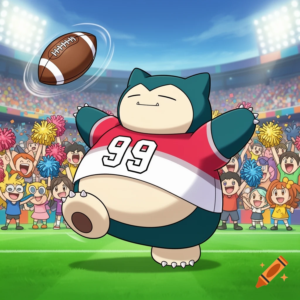 Cartoon Snorlax wearing a red and white jersey with '99' on it, kicking a football in a stadium packed with cheering fans.