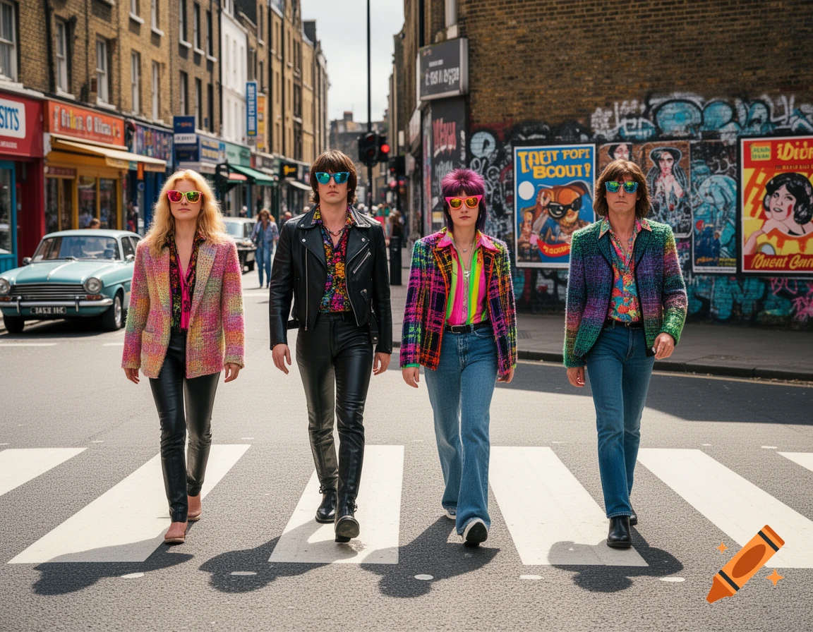Four people in 80s new wave fashion and sunglasses cross a city street, mimicking the Abbey Road album cover.