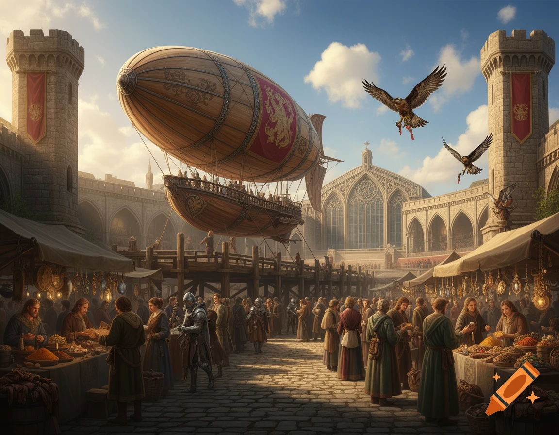 A bustling medieval marketplace featuring a large wooden airship docked above, surrounded by stone buildings, towers, and a grand cathedral. Shoppers and vendors fill the cobblestone street with market stalls, while two birds fly overhead.