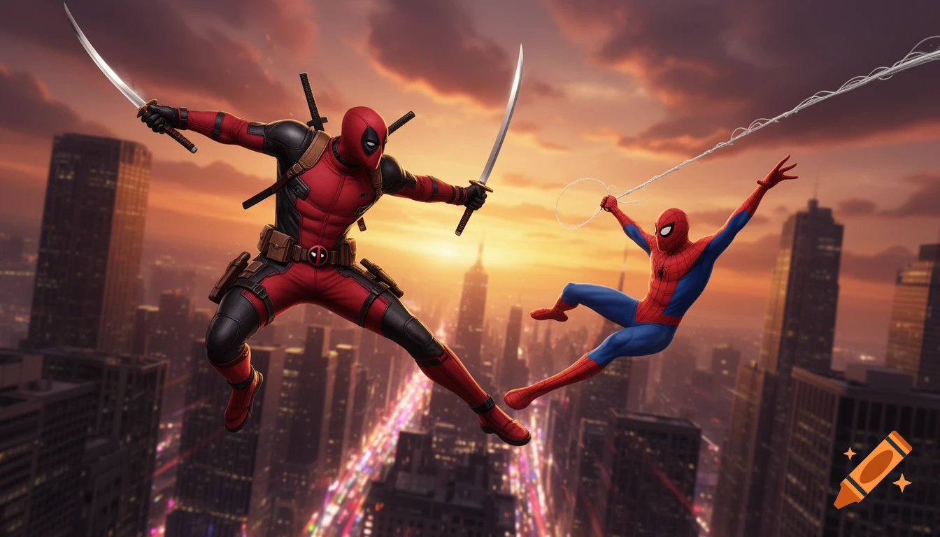 Deadpool with katanas and Spider-Man swinging above a city skyline at sunset in a dynamic comic art style.
