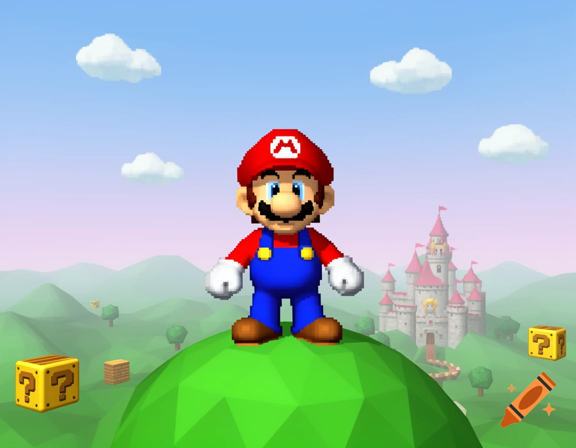 A pixelated Mario stands on a green polygonal hill, with Princess Peach's castle, question mark blocks, and distant hills under a blue sky, in the style of Super Mario 64.