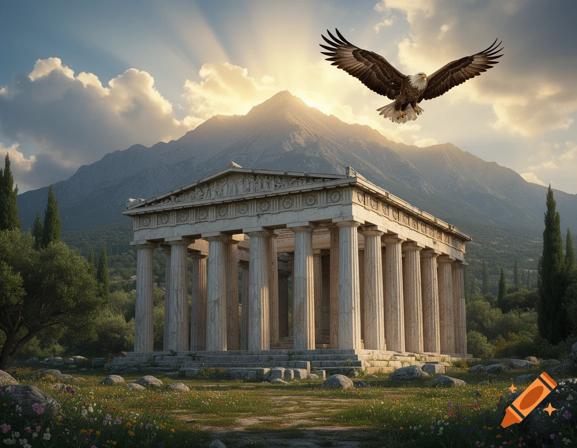 A majestic eagle soars above a classical Greek temple in a lush, mountainous landscape with a sunrise.