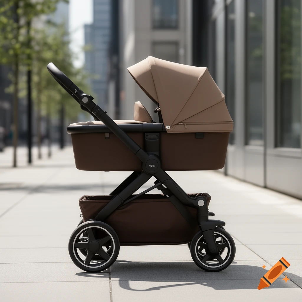 A photorealistic Joolz pram with a dark hazel brown base, sandy taupe bassinet, and black frame, on a city sidewalk.