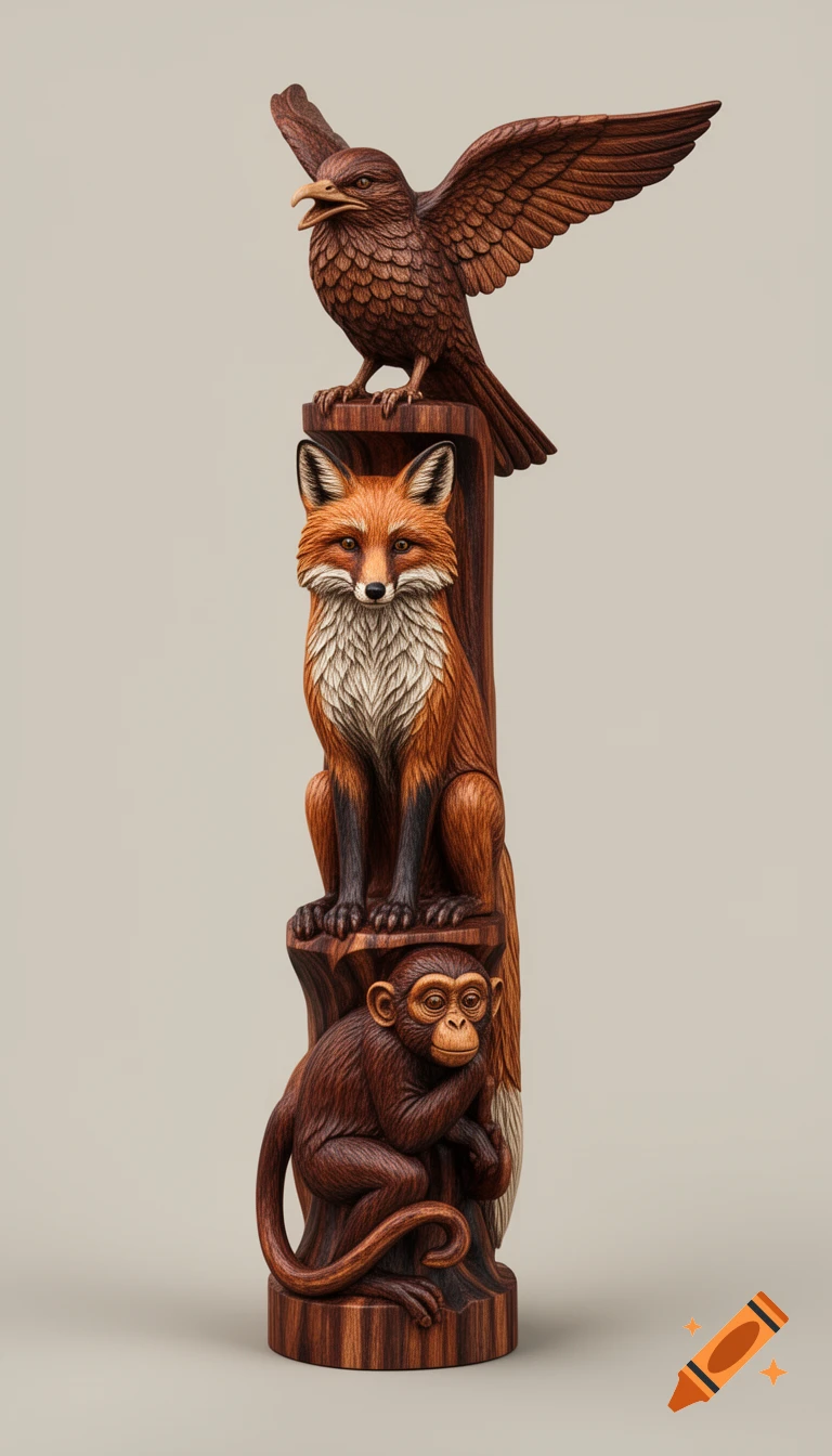 A detailed wooden totem pole carving featuring a bird with outstretched wings, a fox, and a monkey stacked vertically.