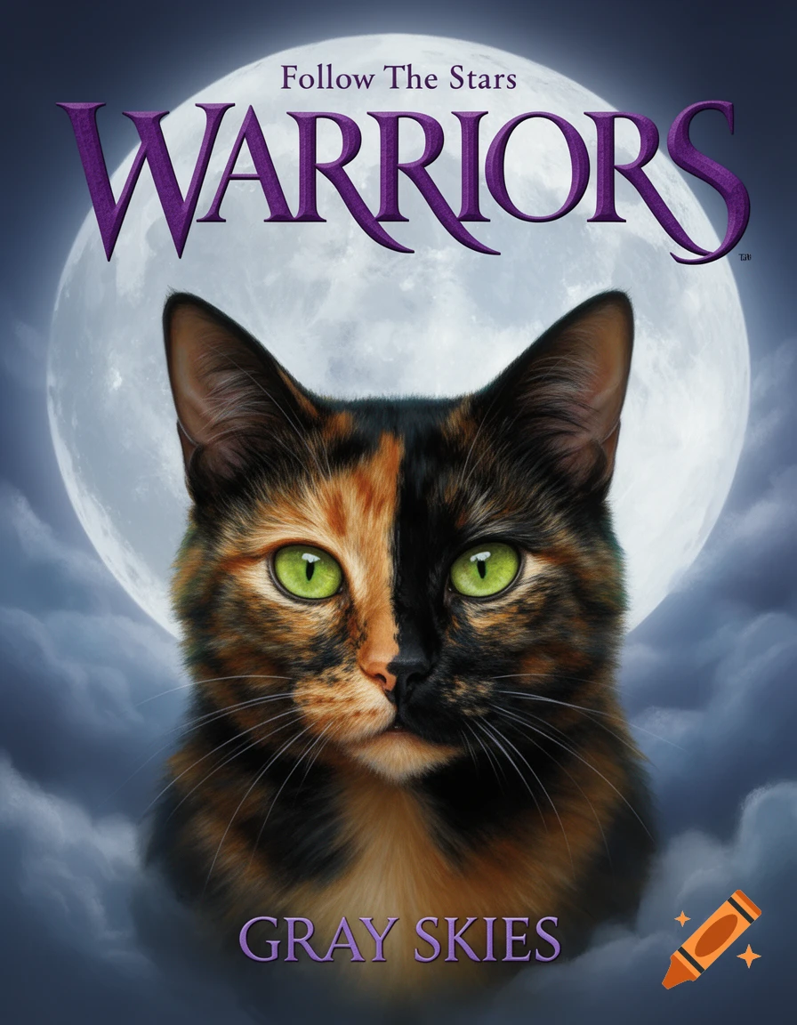 A book cover features a tortoiseshell cat with green eyes against a full moon, with the titles 'Follow The Stars WARRIORS GRAY SKIES'.