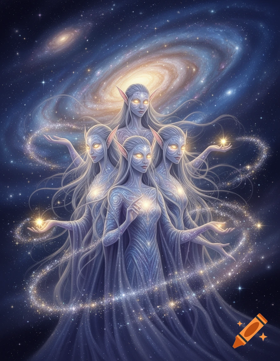 Ethereal light-blue skinned elves with glowing eyes and long white hair stand in a cosmic galaxy, surrounded by starlight.