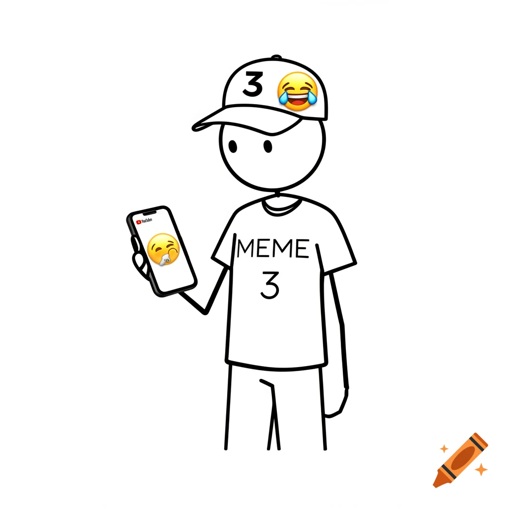 A minimalist stick figure with a cap showing '3' and a laughing emoji. It wears a 'MEME 3' t-shirt and holds a phone displaying a YouTube logo and an emoji smoking.