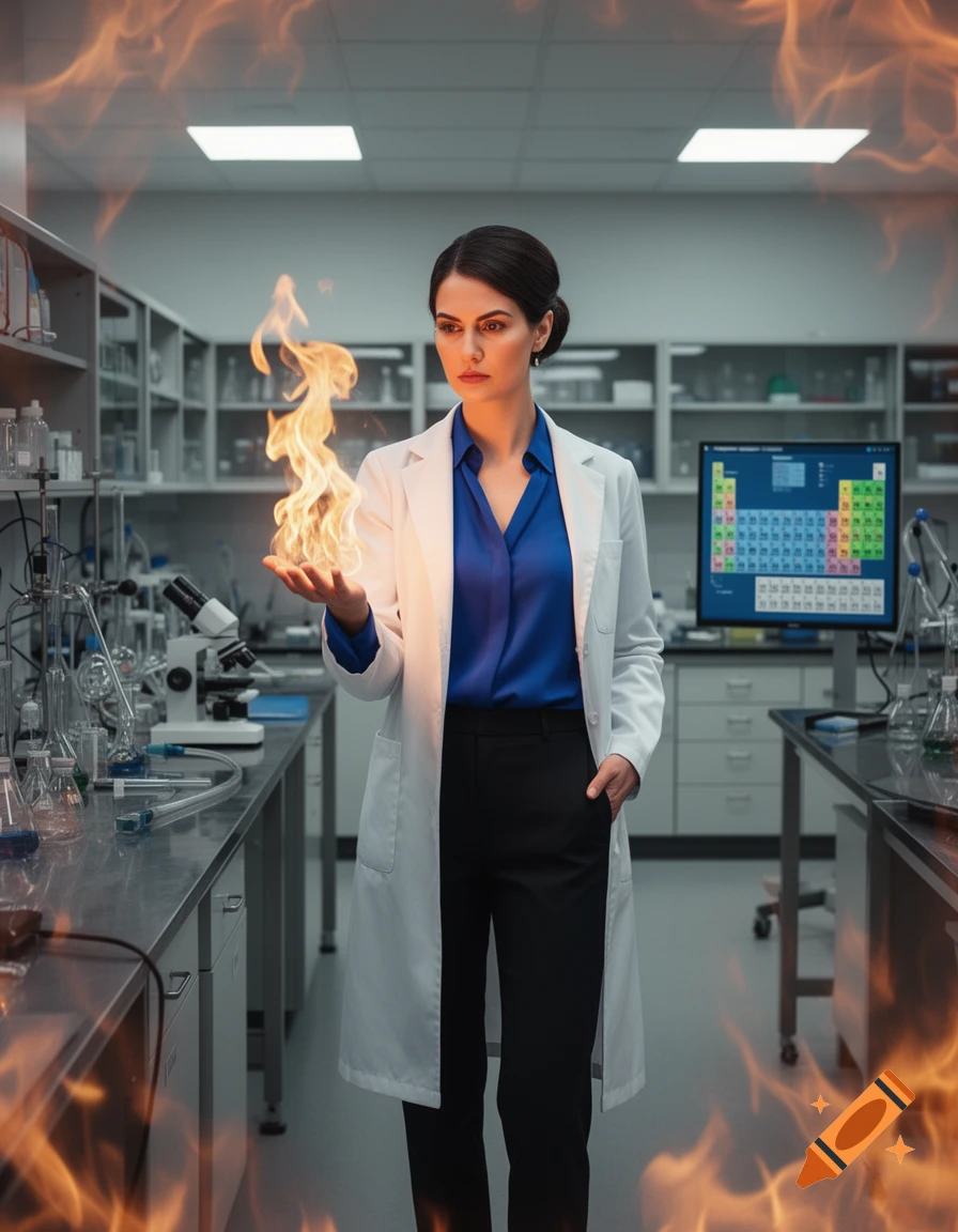 A female scientist in a lab coat holds a ball of fire in her hand, standing in a laboratory with a periodic table on a monitor in the background.