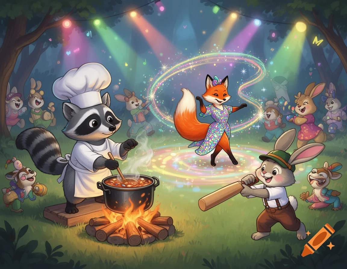 Whimsical cartoon illustration of anthropomorphic animals having a forest party at night, with a raccoon cooking, a fox dancing, and a bunny playing cricket.